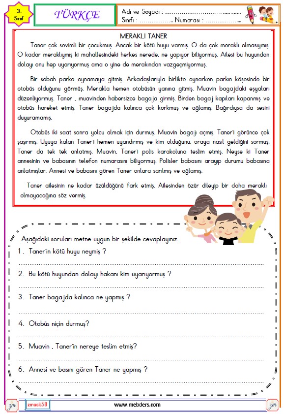 3. Sınıf Türkçe Okuma ve Anlama Metni Etkinliği ( Meraklı Taner )