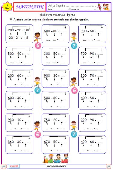 3. Sınıf Matematik Zihinden Çıkarma İşlemi Etkinliği 2