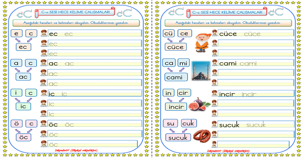 1. Sınıf İlk Okuma Yazma C Sesi Hece Kelime Çalışmaları
