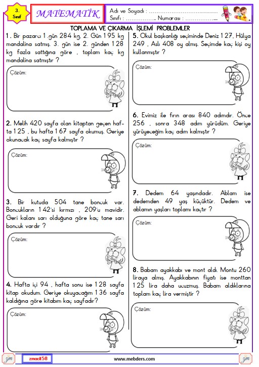 3. Sınıf Matematik Toplama ve Çıkarma İşlemi Problemler Etkinliği 2