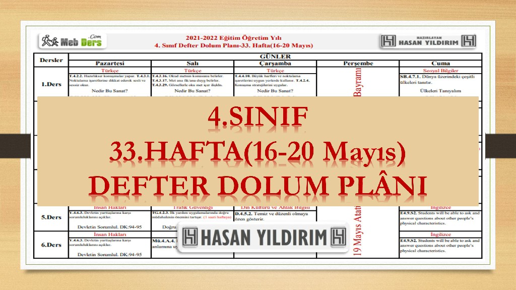 4.Sınıf 33.Hafta(16-20 Mayıs) Defter Dolum Planı