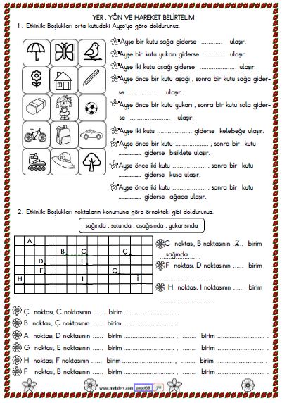 2. Sınıf Matematik Yer , Yön , Hareket Belirtelim Etkinliği 2