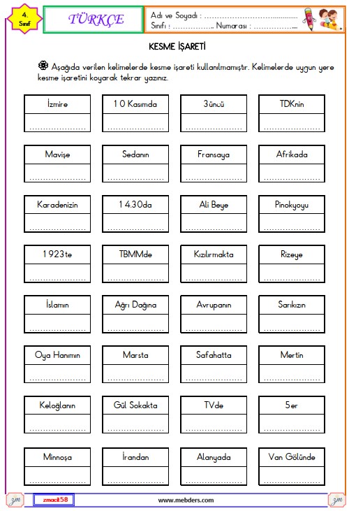 4. Sınıf Türkçe Kesme İşareti Etkinliği