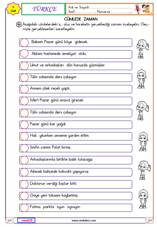 3. Sınıf Türkçe Cümlede Zaman Etkinliği