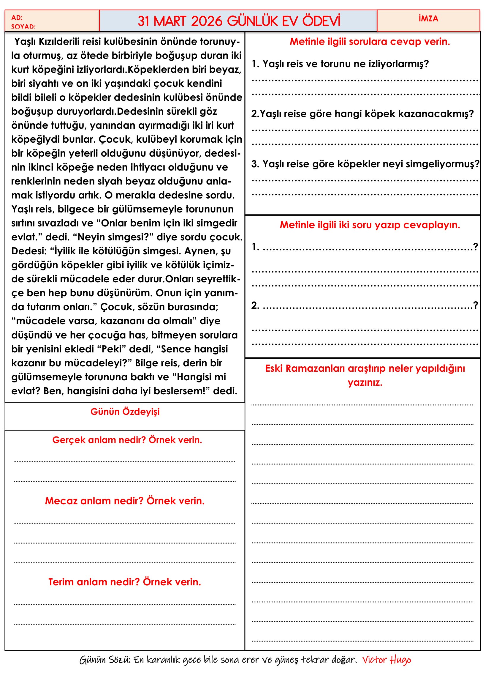 4.Sınıf - 31 Mart 2026 Günlük Ev Ödevleri