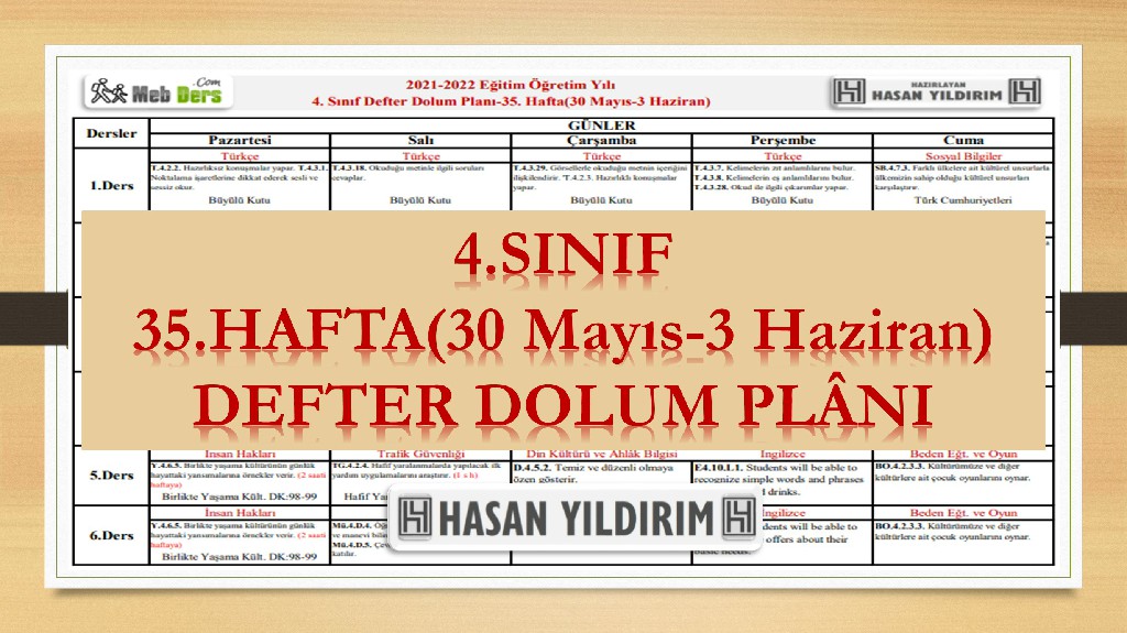 4.Sınıf 35.Hafta(30 Mayıs-3 Haziran) Defter Dolum Planı