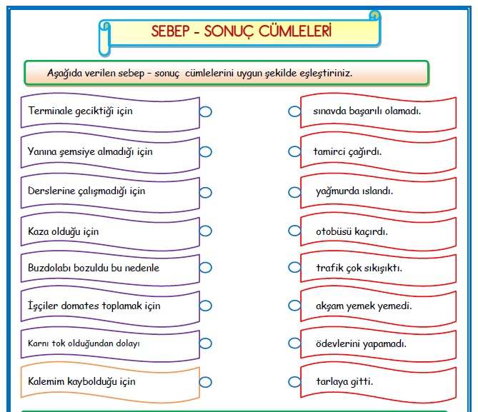 2.Sınıf Türkçe Sebep - Sonuç Cümleleri  Etkinlik Çalışması