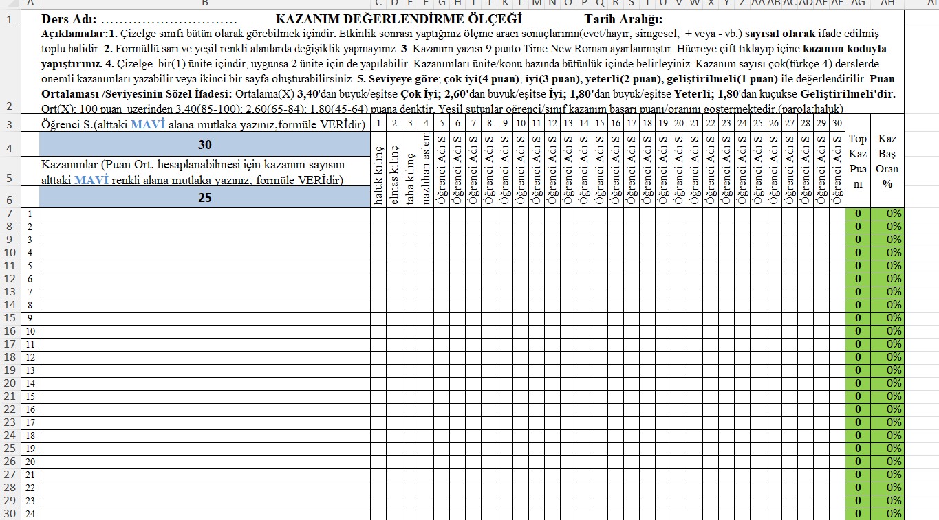 4. Sınıf Matematik Kazanım Değerlendirme Ölçeği (1 ve 2. Ünite - Excel - formüllü - Son MEB değişikliğine göre)