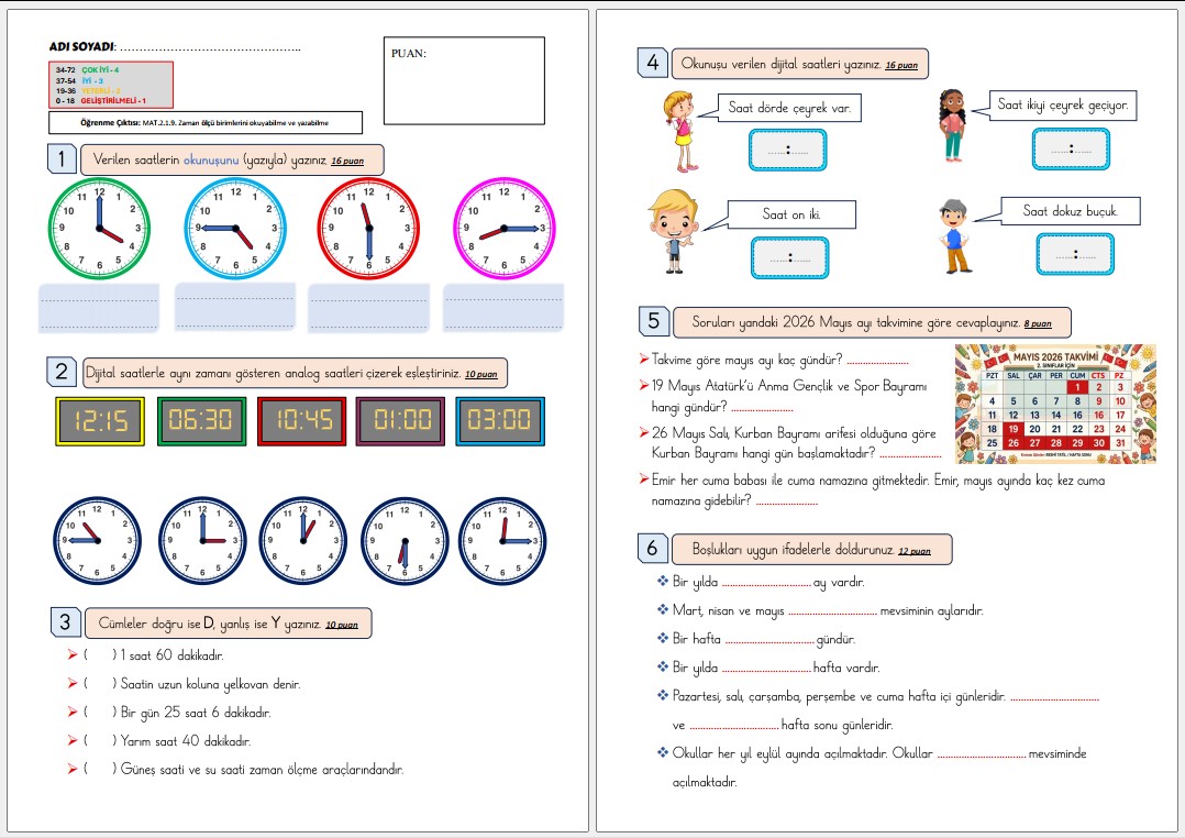 2. Sınıf Matematik Zaman Ölçüleri SÜREÇ DEĞERLENDİRME