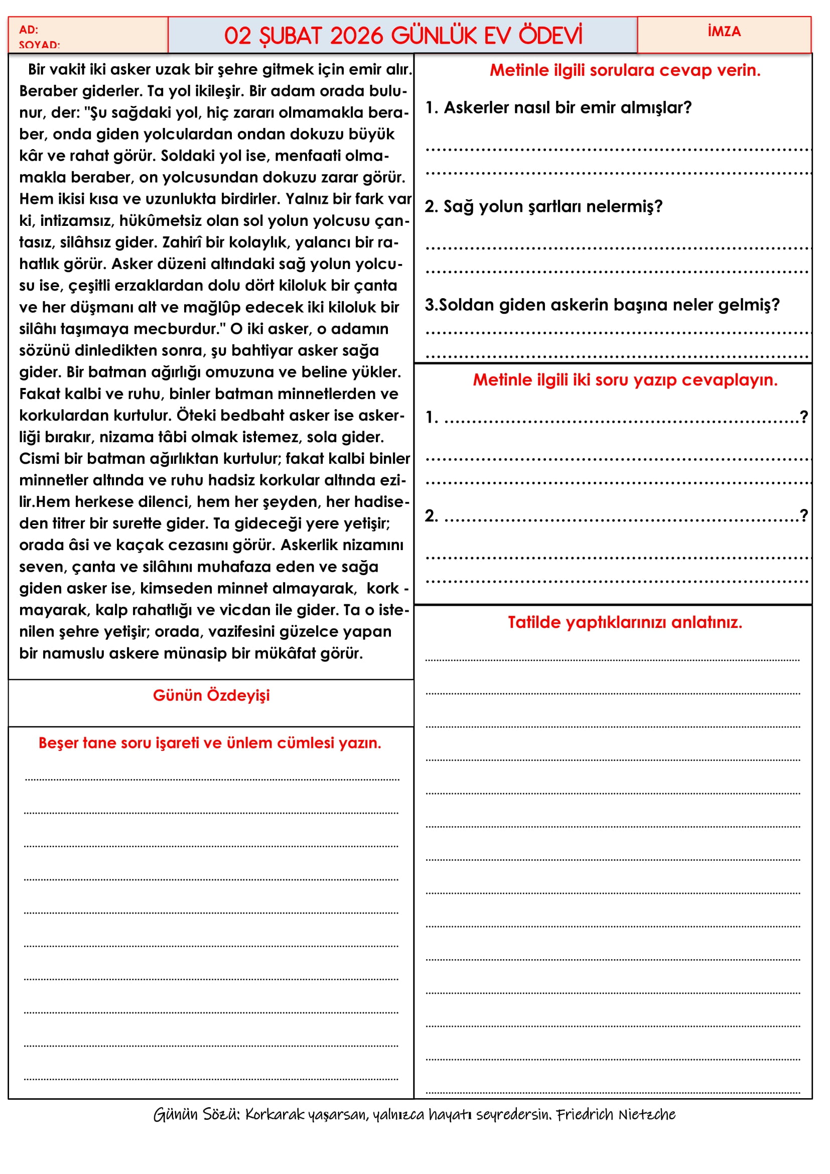 4.Sınıf - 02 Şubat 2026 Günlük Ev Ödevleri