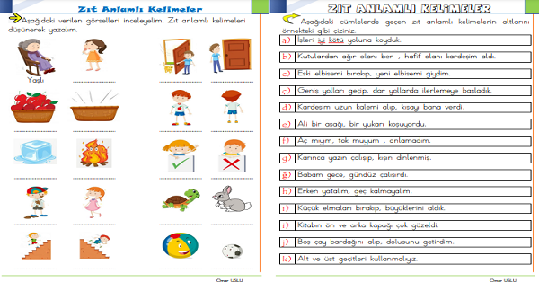 1.Sınıf Türkçe Zıt Anlamlı Kelimeler-3
