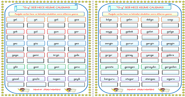 1. Sınıf İlk Okuma Yazma G-g Sesi Hece ve Kelime Okuma Yazma Çalışması