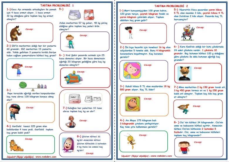 3.Sınıf Matematik Tartma İşlemi Problemleri 1-2  (2 Sayfa)