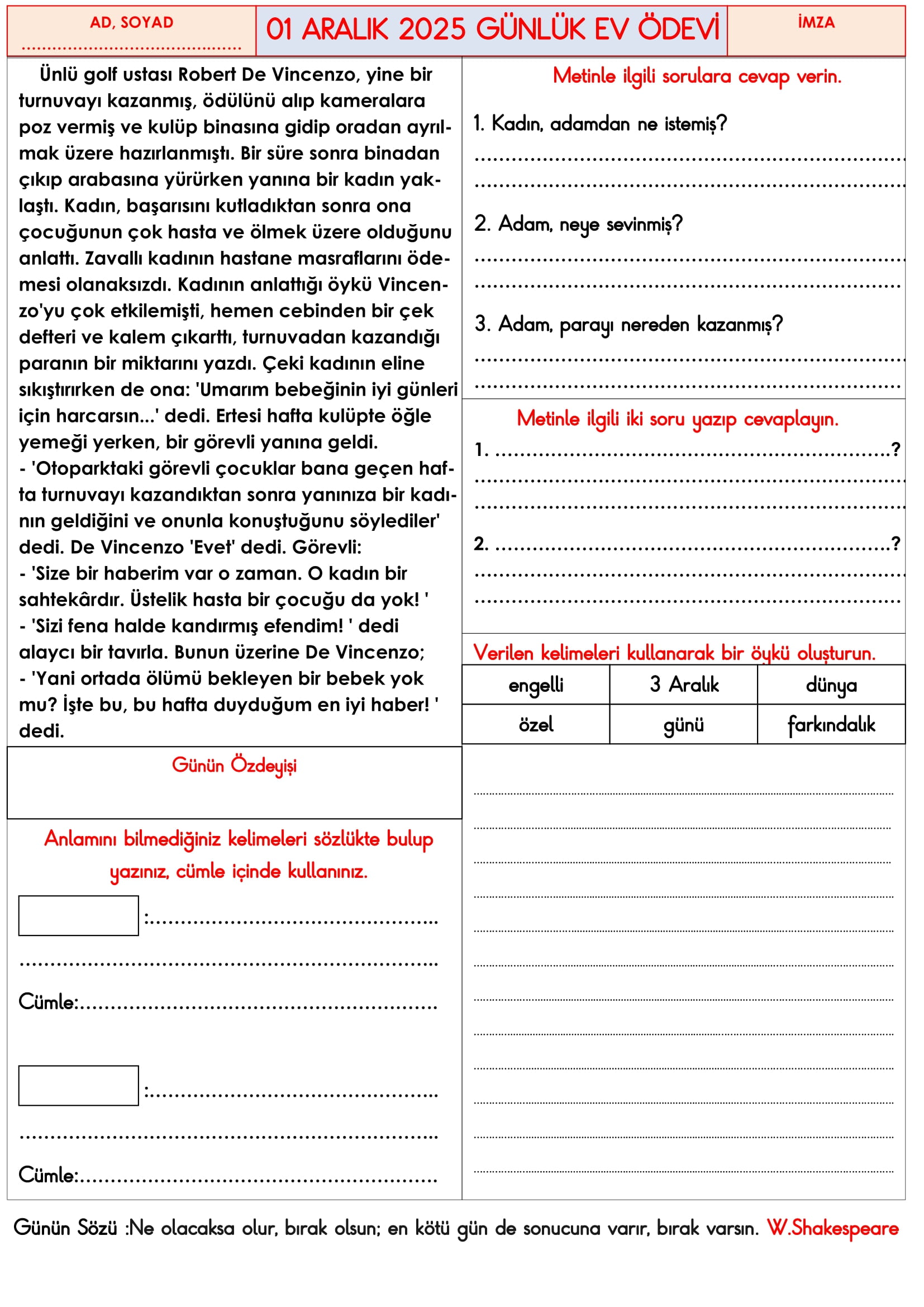 3.Sınıf - 01 Aralık 2025 Günlük Ev Ödevleri