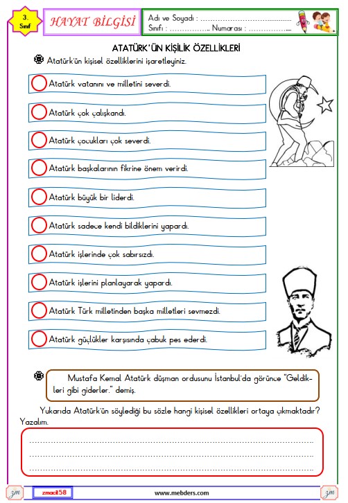 3. Sınıf Hayat Bilgisi Atatürk'ün Kişilik Özellikleri Etkinliği 1