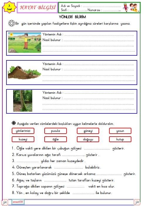 3. Sınıf Hayat Bilgisi Yönleri Bilirim Etkinliği 2