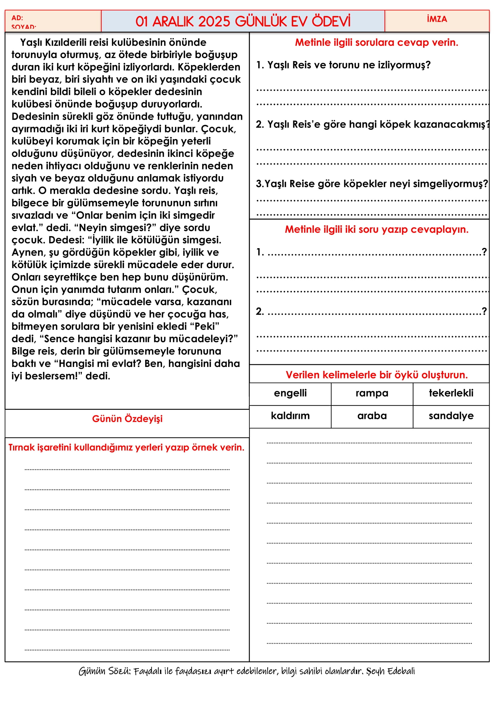 4.Sınıf - 01 Aralık 2025 Günlük Ev Ödevleri