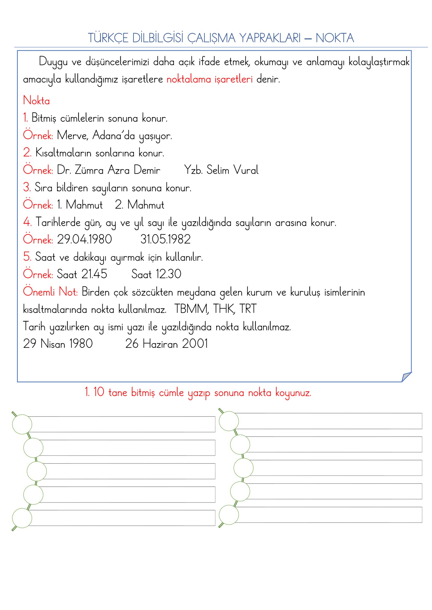 3.Sınıf Türkçe Dilbilgisi Çalışma Yaprakları- Nokta