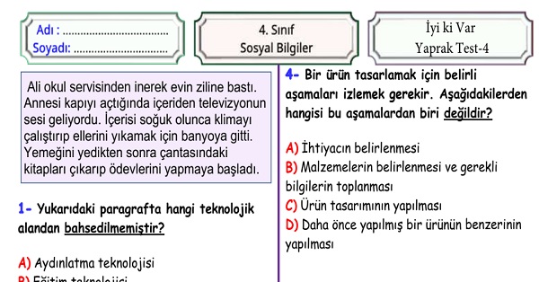 4.Sınıf Sosyal Bilgiler İyi ki Var Ünitesi Yaprak Test 4