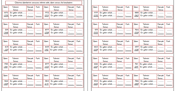 3.Sınıf - Matematik Çıkarmada Tahmin Etme Etkinliği