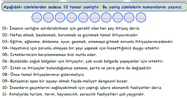 4.Sınıf Sosyal Bilgiler Üretim, Dağıtım ve Tüketim Ünitesi Doğru-Yanlış Etkinliği