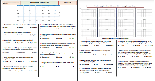 2.Sınıf Matematik Takvim Etkinliği 1