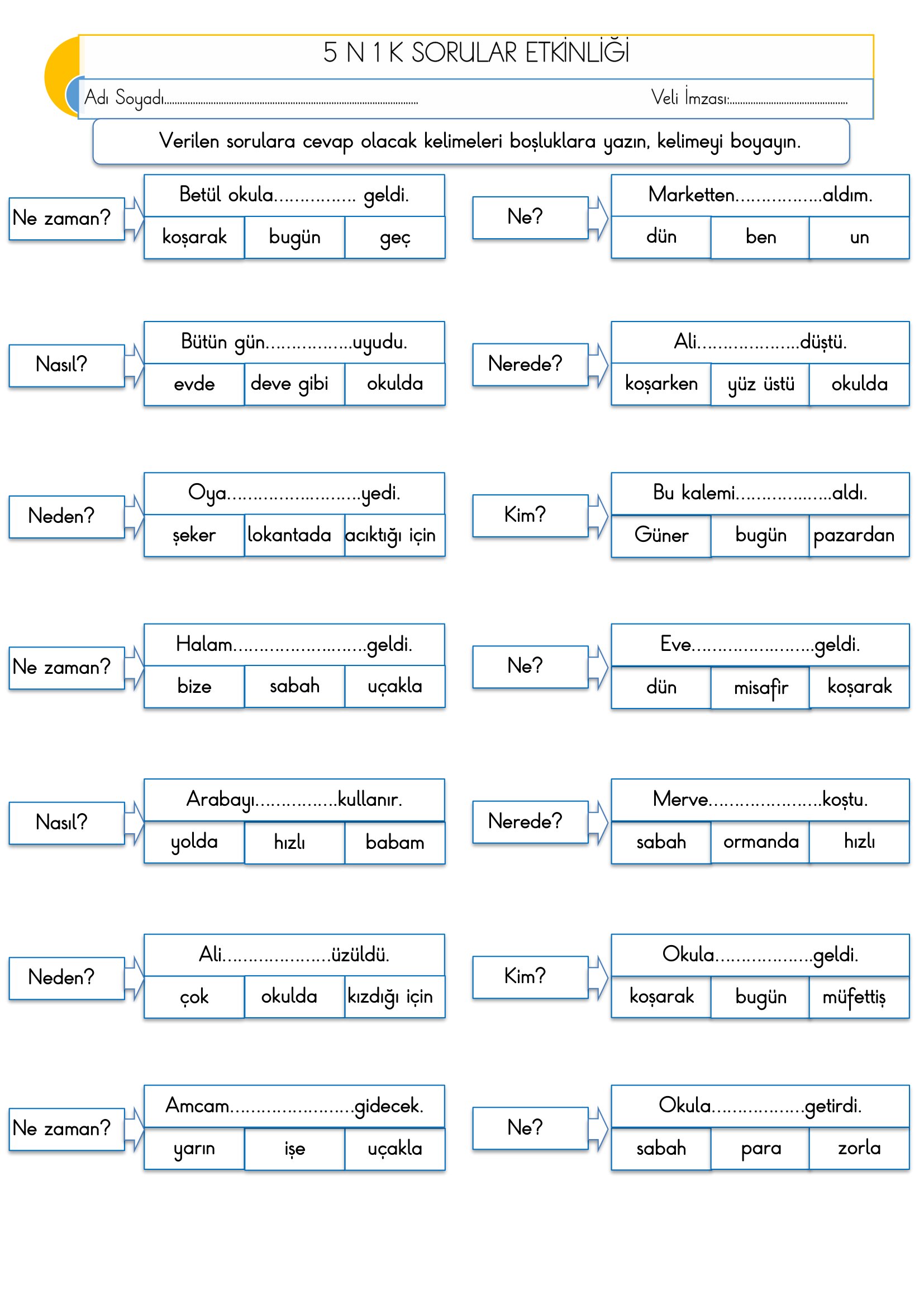 2.Sınıf - Türkçe 5N 1K Sorular Etkinliği-1