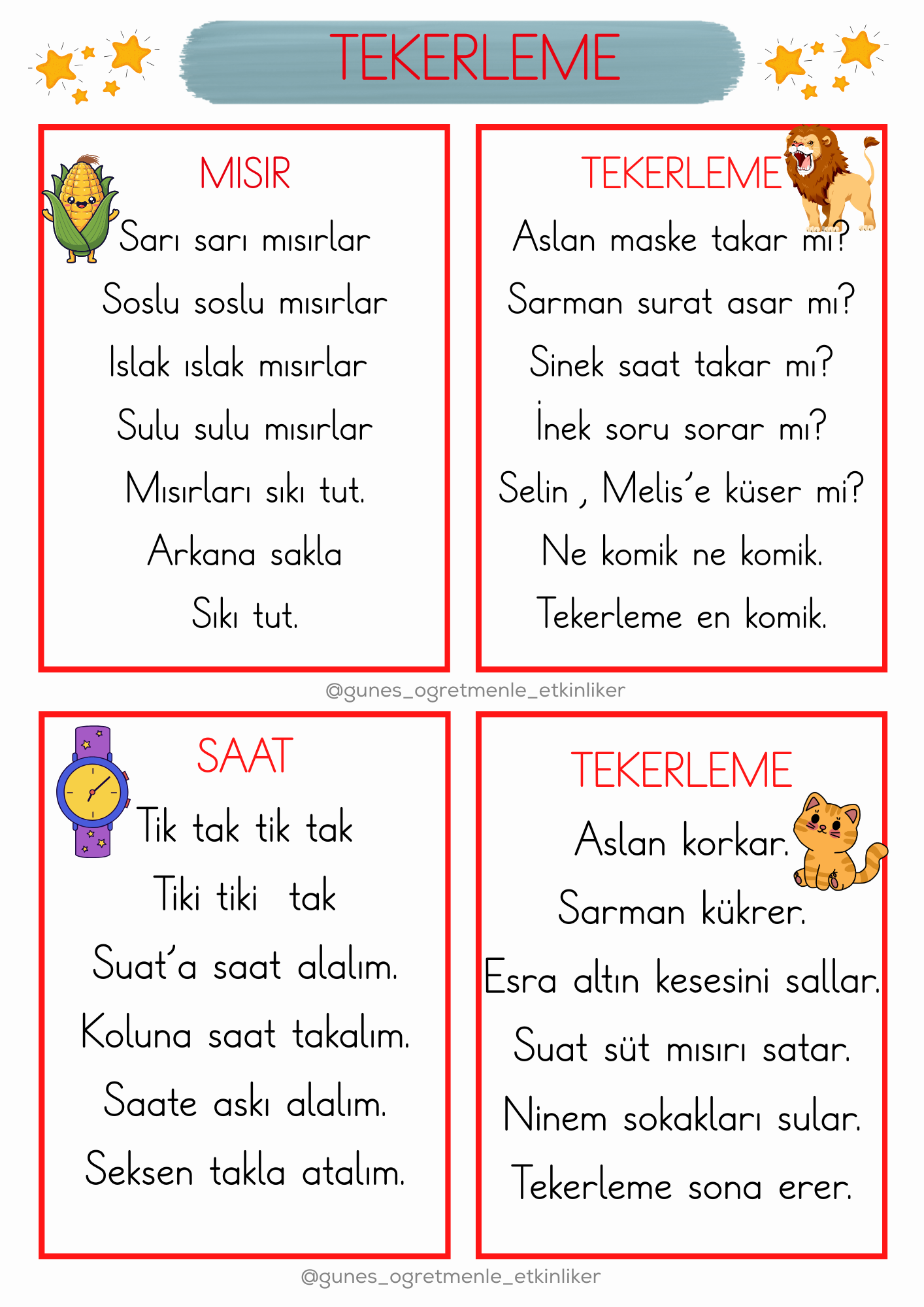 1.Sınıf SESİ Tekerleme ve Metinleri