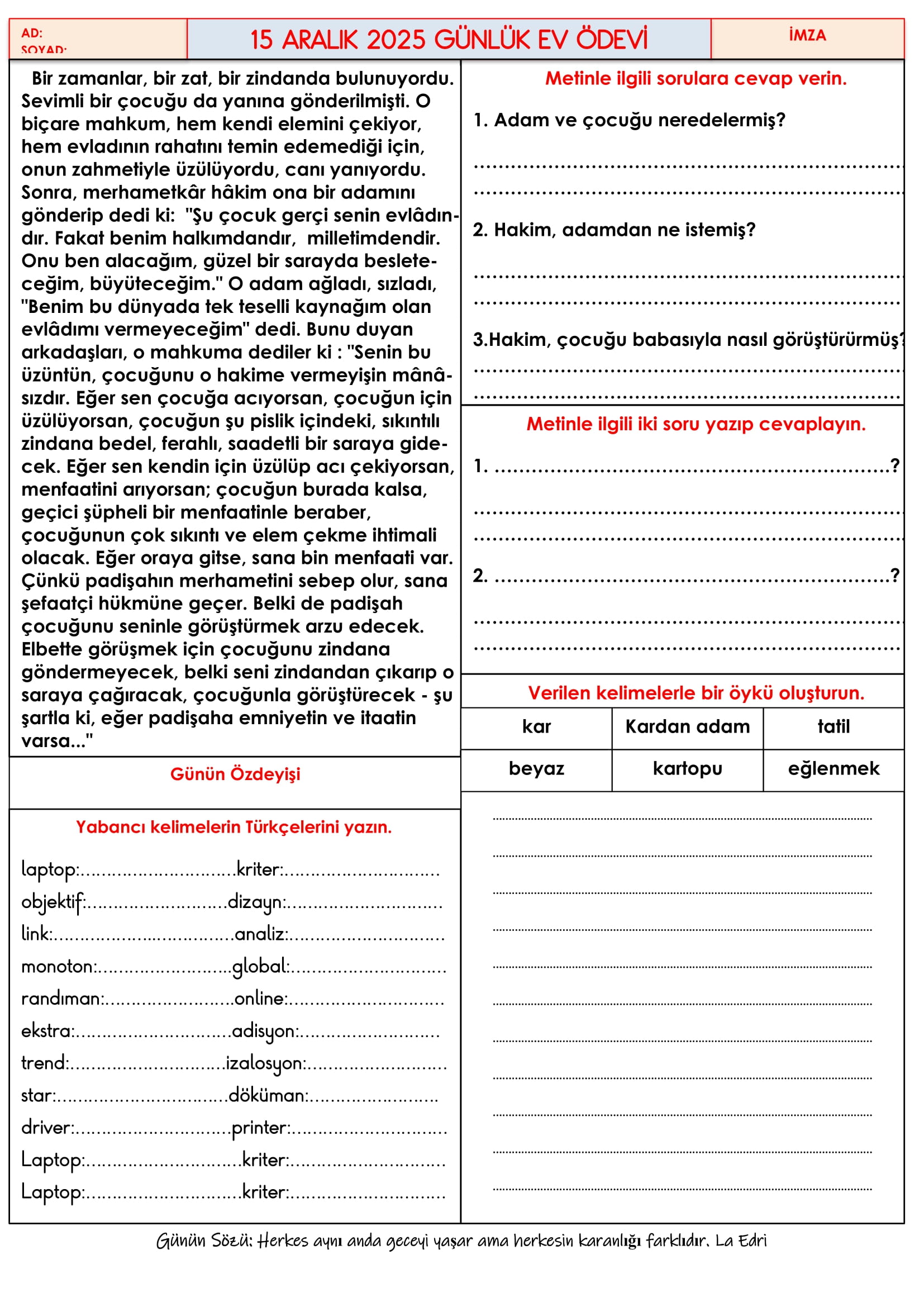 4.Sınıf - 15 Aralık 2025 Günlük Ev Ödevleri