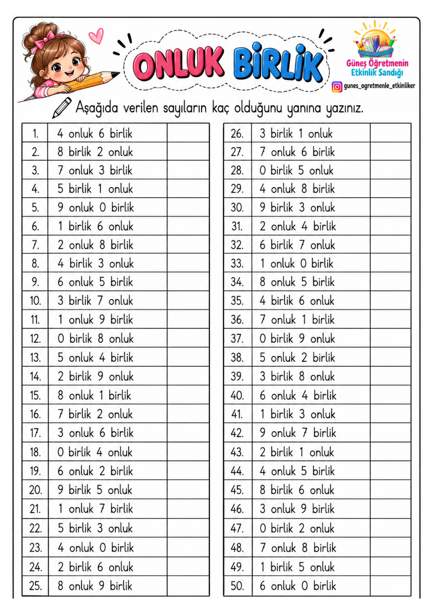 2.Sınıf Matematik Onluk, Birlik Çalısma Sayfaları