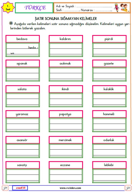 1. Sınıf Türkçe Satır Sonuna Sığmayan Kelimeler Etkinliği