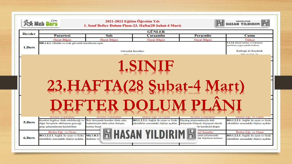 1.Sınıf 23.Hafta(28 Şubat-4 Mart) Defter Dolum Planı