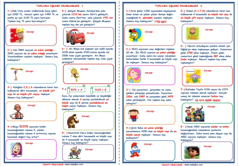 4.Sınıf Matematik Toplama İşlemi Problemleri   (3 Sayfa- 24 Soru)