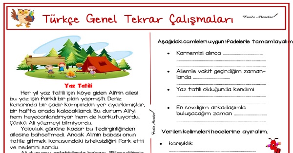 2.Sınıf Türkçe Genel Tekrar Çalışmaları