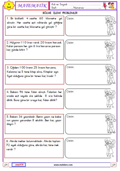 3. Sınıf Matematik Bölme İşlemi Problemleri Etkinliği 3