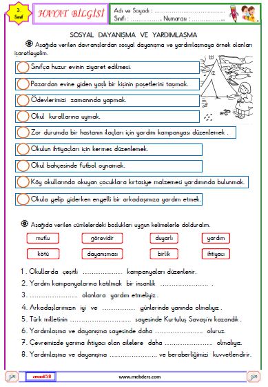 3. Sınıf Hayat Bilgisi Sosyal Yardımlaşma ve Dayanışma Etkinliği