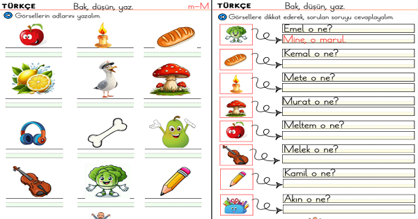 1. Sınıf İlk Okuma Yazma M-m Sesi Dikte ve O Ne? Etkinlikleri