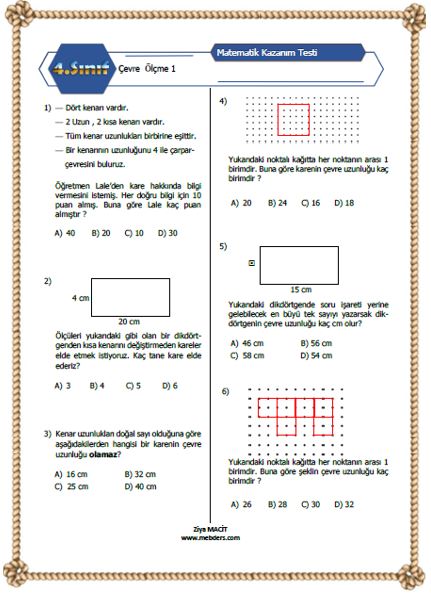 4. Sınıf Matematik Çevre Ölçme Kazanım Testi