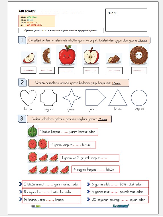 2. Sınıf Matematik Kesirler SÜREÇ DEĞERLENDİRME