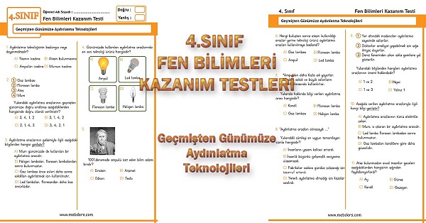 4.Sınıf Fen Bilimleri Kazanım Testi - Geçmişten Günümüze Aydınlatma Teknolojileri