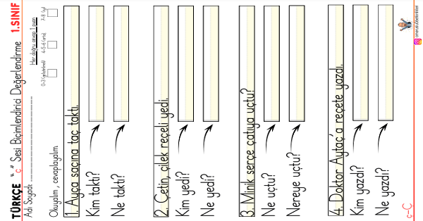 1. Sınıf İlk Okuma Yazma Ç Sesi 5N 1K Değerlendirme Etkinliği