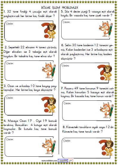 2. Sınıf Matematik Bölme İşlemi Problemler Etkinliği 9