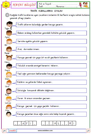 3. Sınıf Hayat Bilgisi Trafik Kurallarına Uyalım Etkinliği
