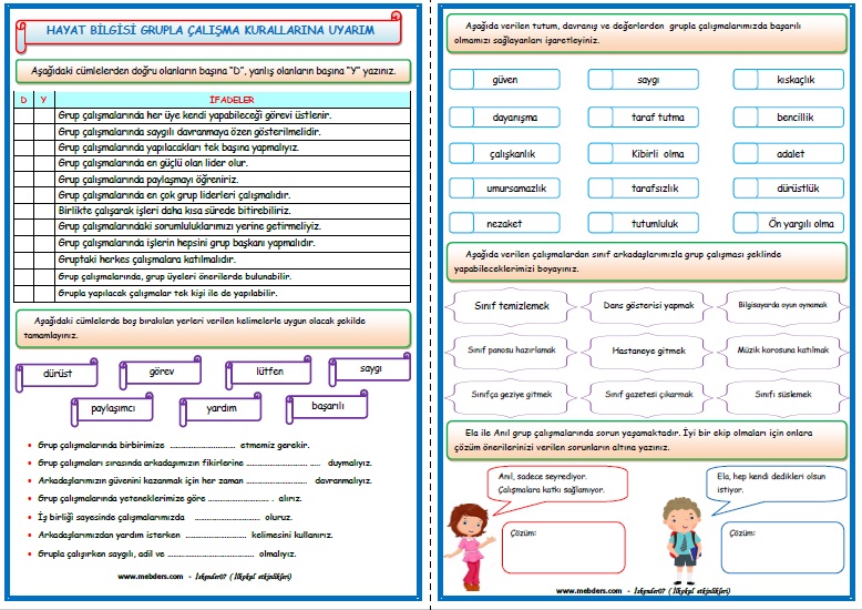2.Sınıf Hayat Bilgisi Grupla Çalışma Kurallarına Uyarım Etkinlik Çalışması
