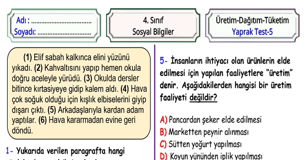 4.Sınıf Sosyal Bilgiler Üretimden Tüketime Yaprak Test 5