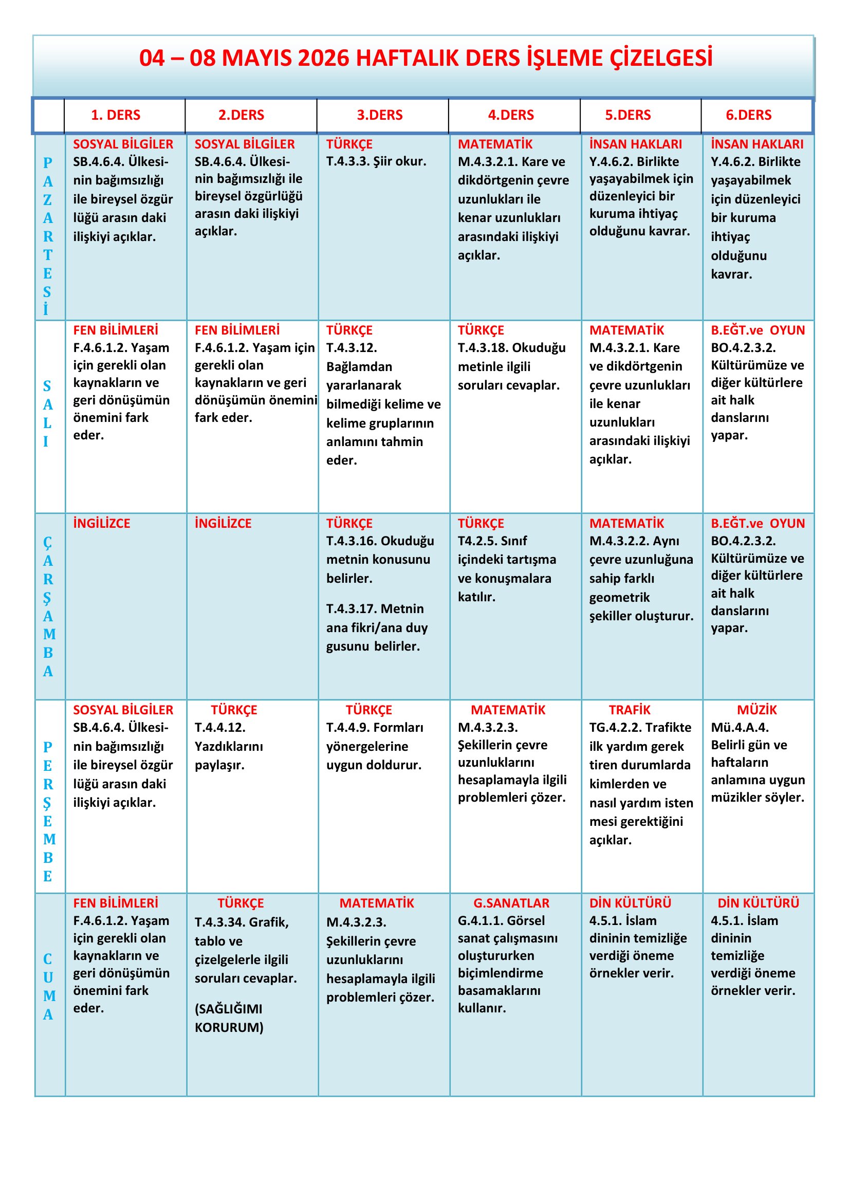 4.Sınıf 04 - 08 Mayıs 2026 Haftalık Ders İşleme Çizelgesi.doc