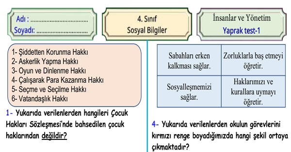 4.Sınıf Sosyal Bilgiler İnsanlar ve Yönetim Ünitesi Yaprak Test 1