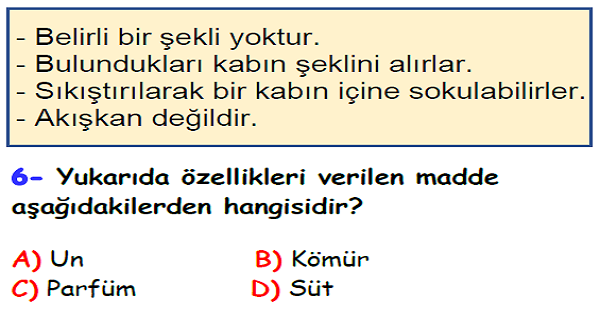 4.Sınıf Fen Bilimleri Maddenin Özellikleri Ünitesi Yaprak Test-1