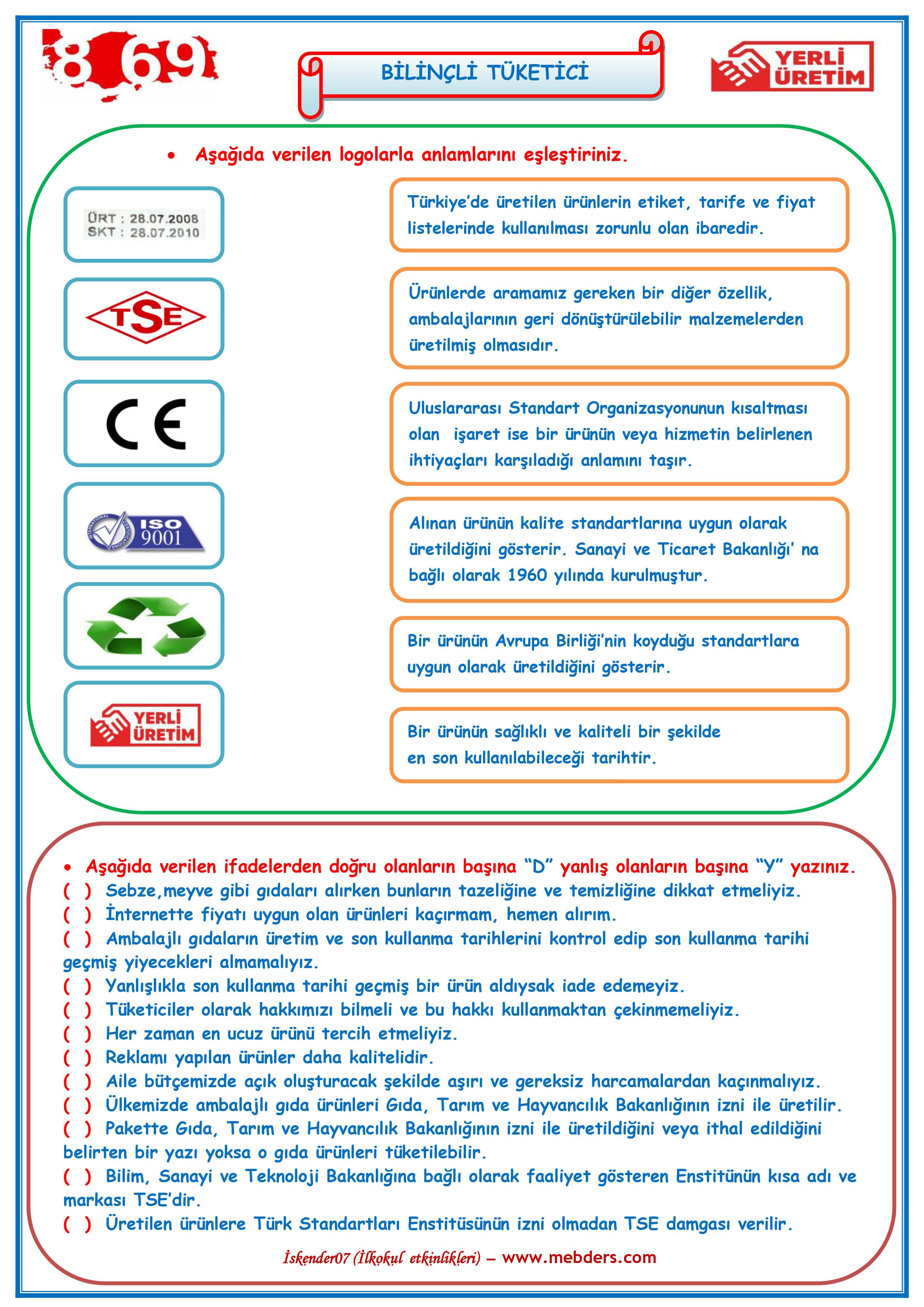 4.Sınıf Sosyal Bilgiler Bilinçli Tüketici Etkinlik Çalışması