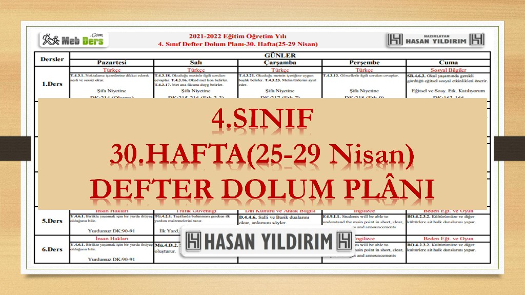 4.Sınıf 30.Hafta(25-29 Nisan) Defter Dolum Planı